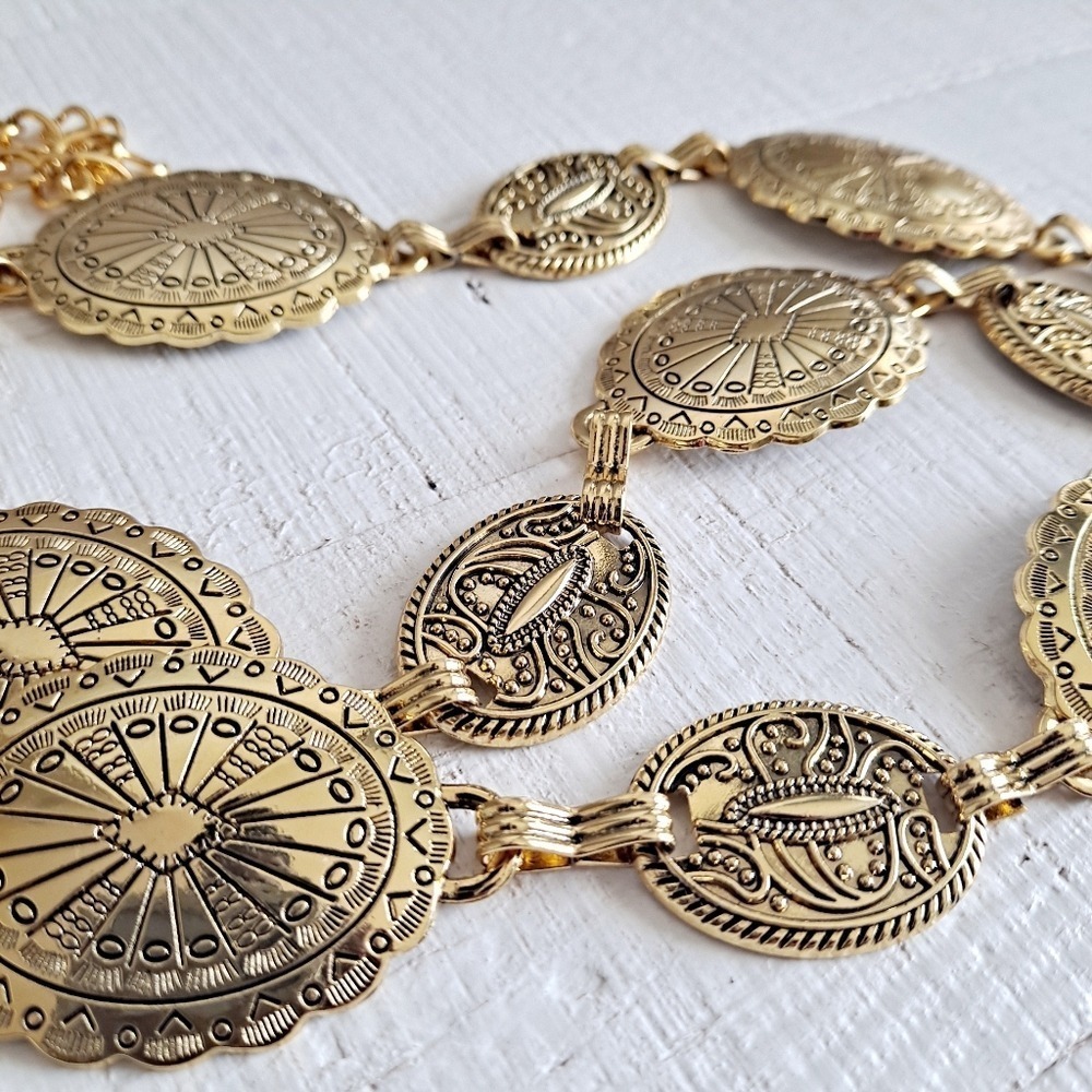 Gold Chain Western Waist Concho Belt Chunky Metal Medallion Boho statement - Picture 13 of 17